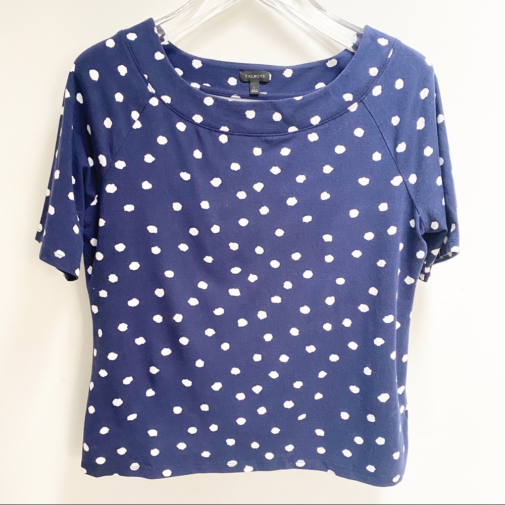 Talbots Top Navy Blue and White Polka Dots Size Large Short Sleeve Rayon Spandex